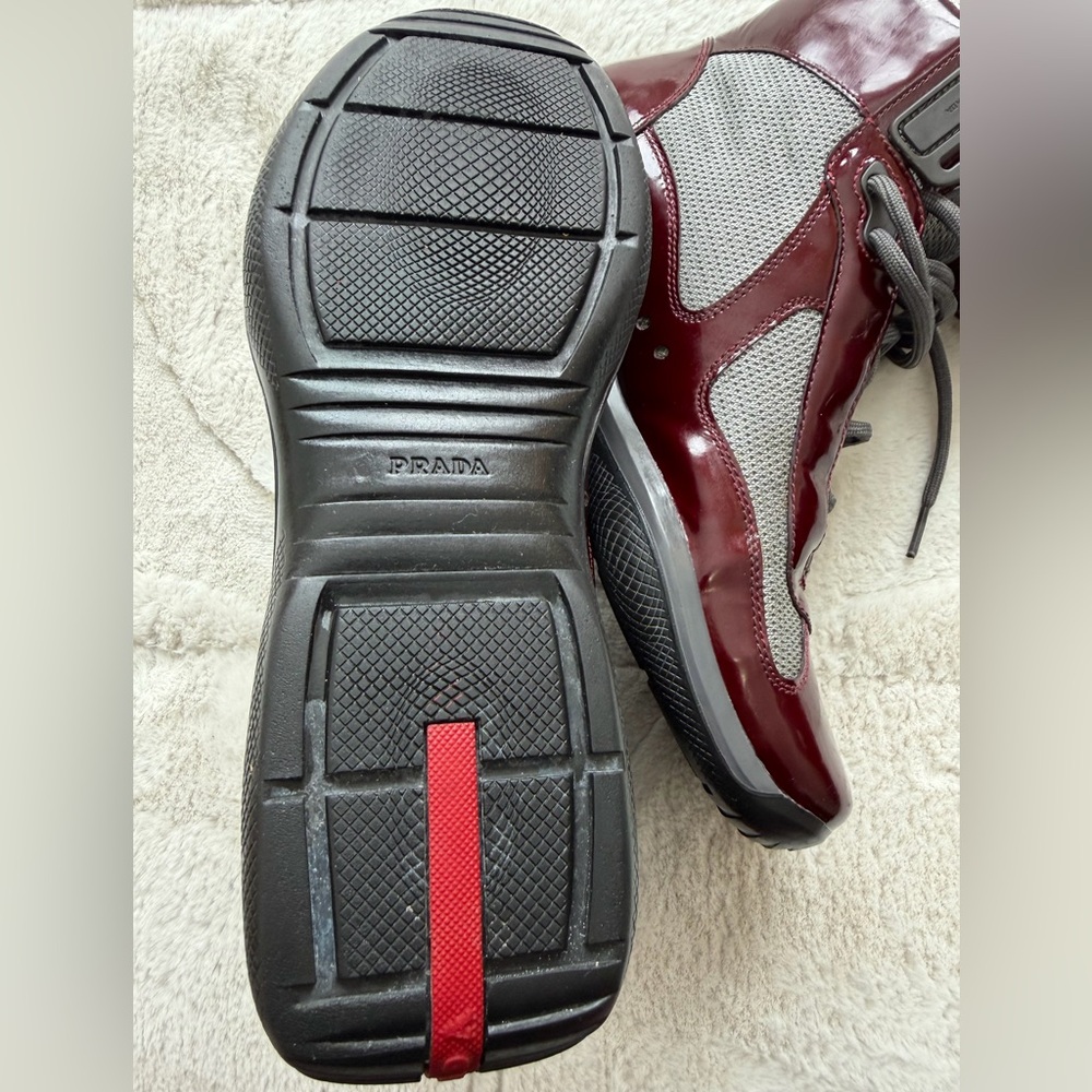 Prada America's Cup High Top Sneakers Burgundy Maroon Patent Shoes 8.5/9.5 - Picture 5 of 13